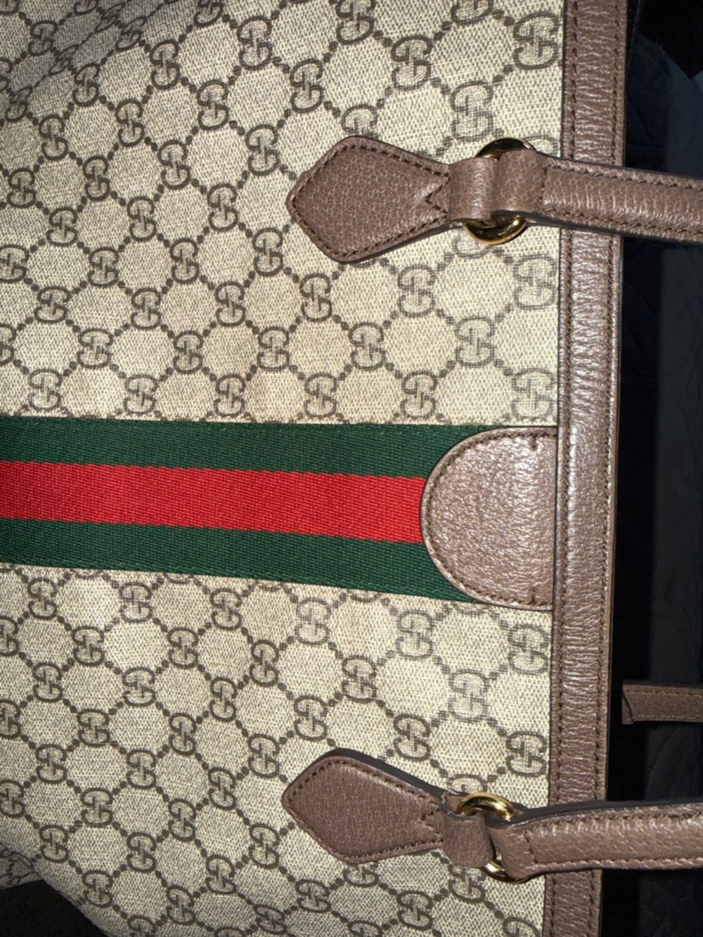 Gucci Beige GG Supreme Tote with Brown Leather and Red/Green Stripe - Picture 12 of 12
